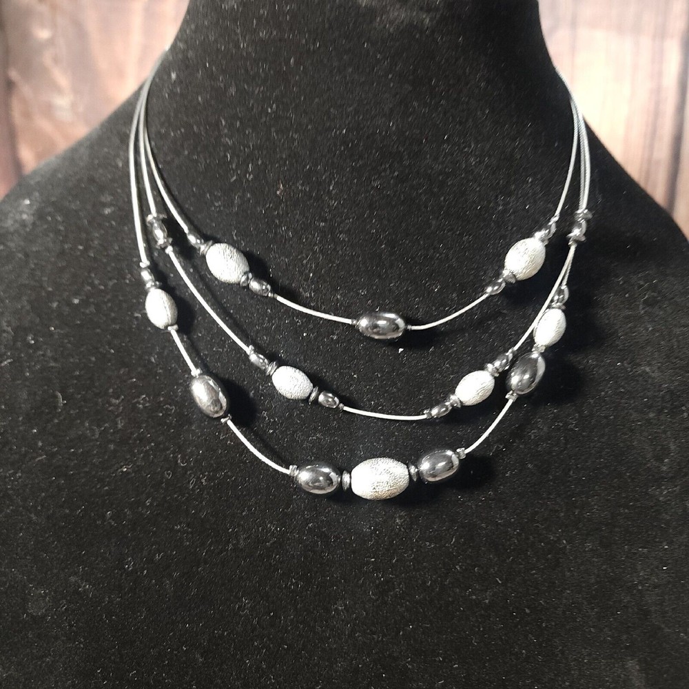 Napier Triple Strand Necklace Hematite & Silver Textured Glass Beads Charming